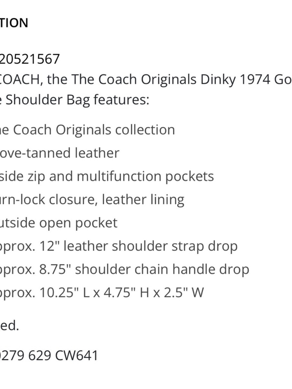 Coach Cream Leather 'Dinky'  Crossbody Bag with Gold Chain Strap - Picture 11 of 11